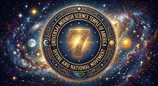 Universal Moorish Science Temple of America cosmic emblem, with the number seven surrounded by the sun, moon, and stars