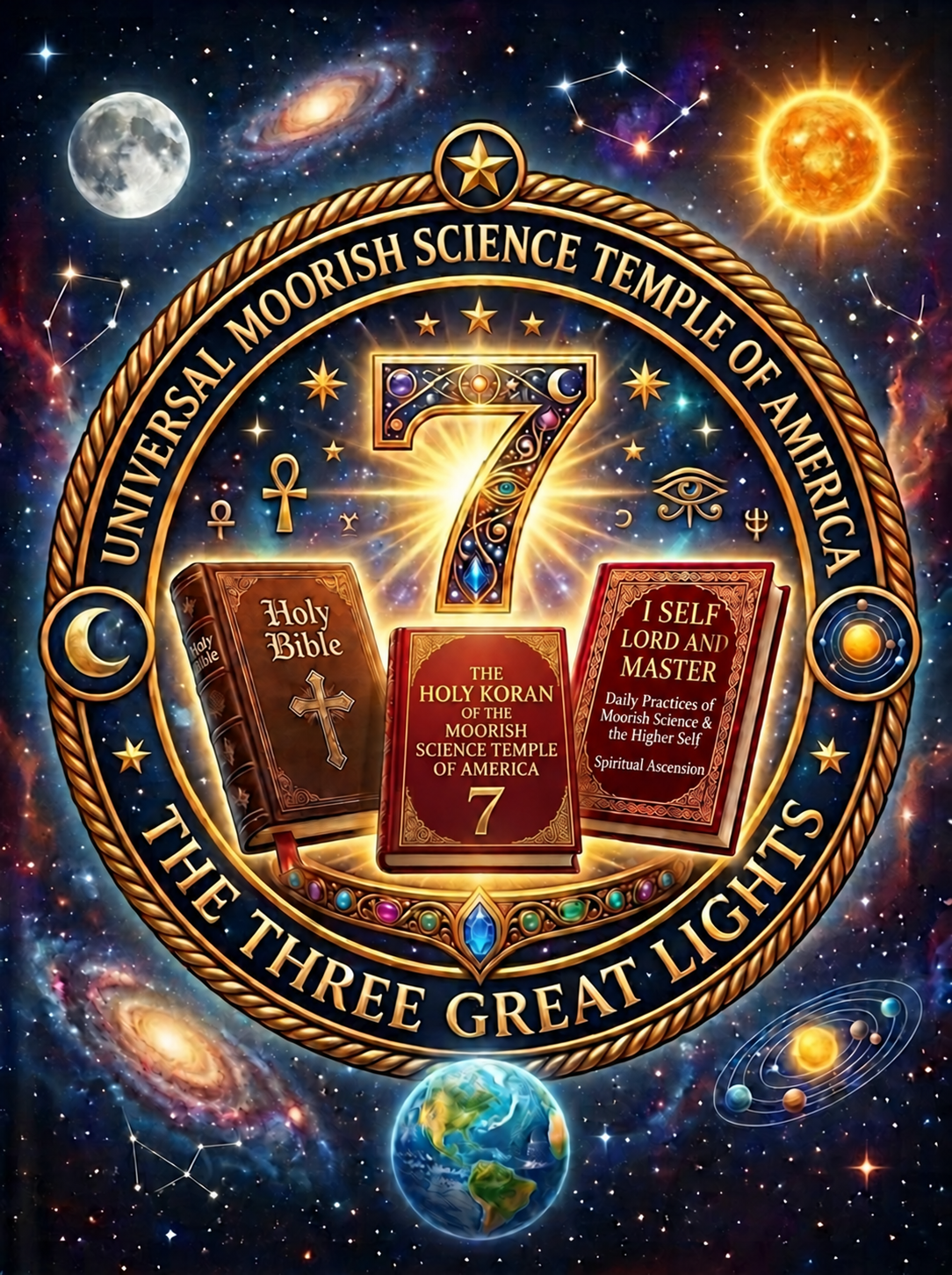 The Three Great Lights cosmic emblem featuring the Holy Bible, Circle Seven Koran, and I Self Lord and Master: Daily Practices of Moorish Science and the Higher Self, Spiritual Ascension