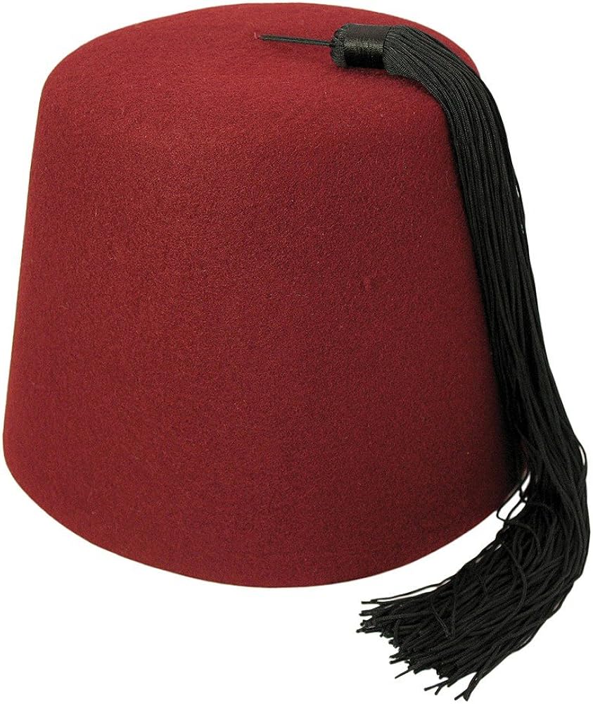 Maroon fez with a long black tassel, on a white background